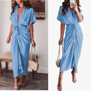 Fashion Novas Elegant Blue Button-Down Maxi Dress
